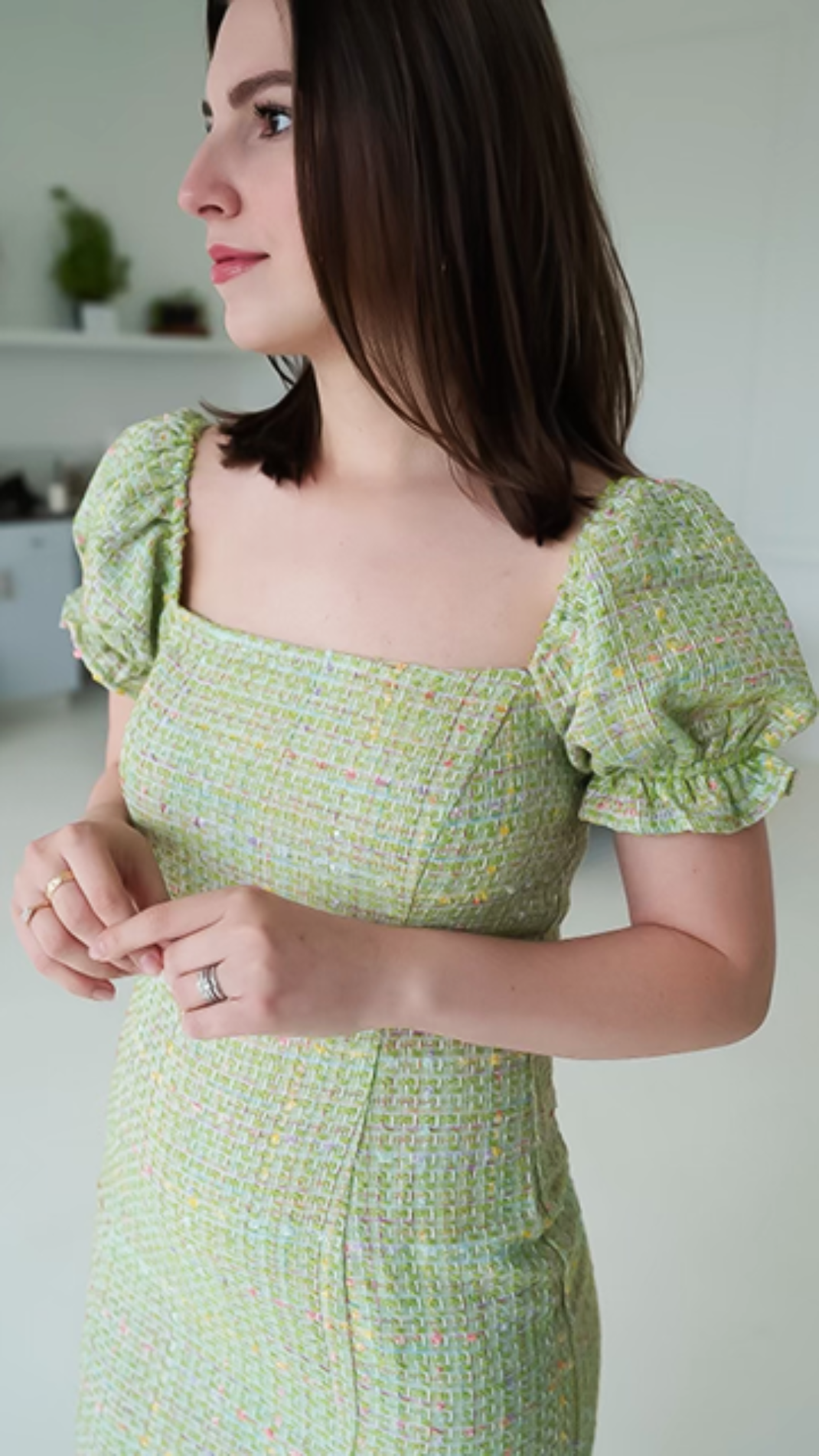 Tweed Puff Sleeve Square Neck Mini Dress - Green Green / SMALL Tweed Puff Sleeve Square Neck Mini Dress - Green Green / SMALL